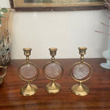 Triode of mother-of-pearl and brass candlesticks