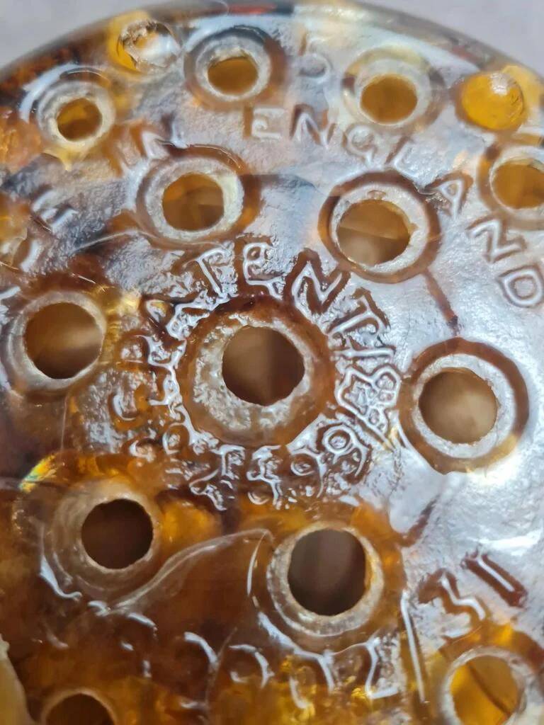 Art Deco Davidson "Cloud Glass" amber centrepiece bowl – vintage English flower holder