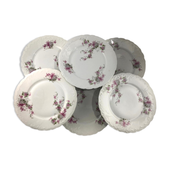 6 assiettes plates en porcelaine blanche décor fleurs lilas