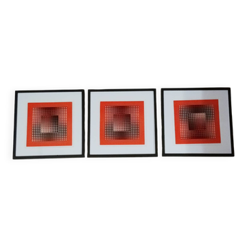 Trio Vintage Optical Art Tableaux - Victor Vasarely - Frames 40x40cm