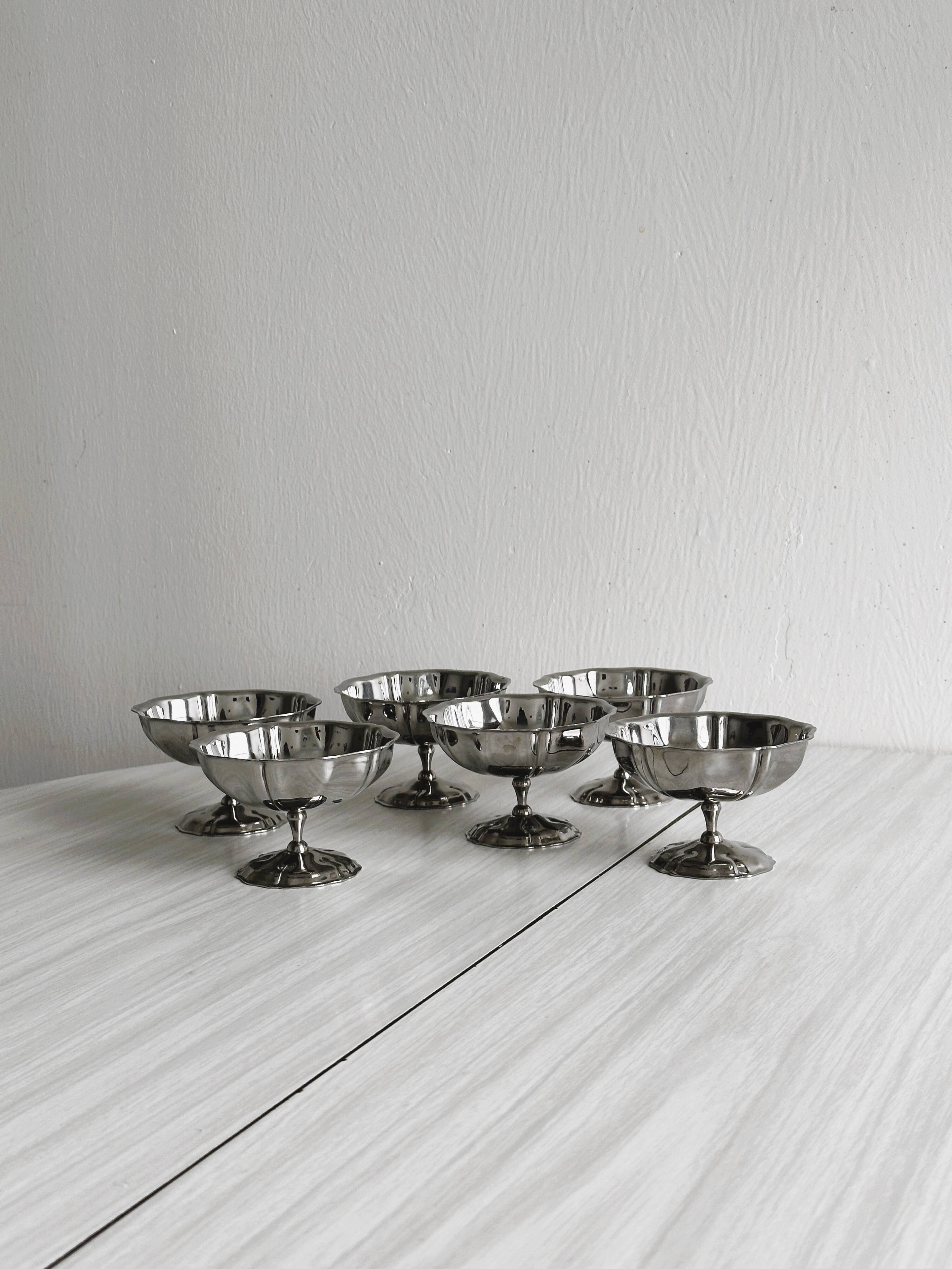 6 small stainless steel footed bowls, Letang Remy style