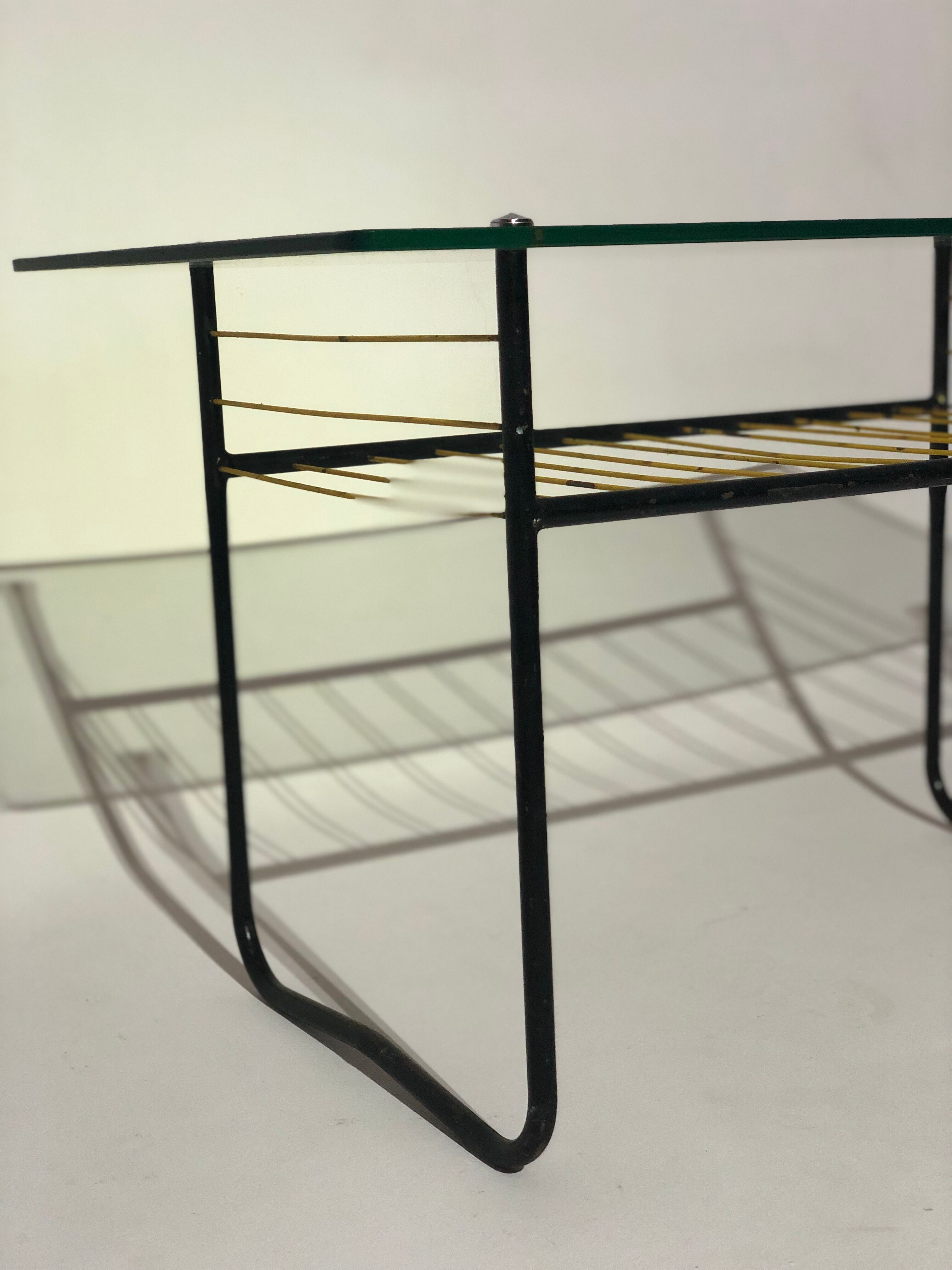 Vintage coffee table 1960 - scoubidou, black tubular metal and glass top