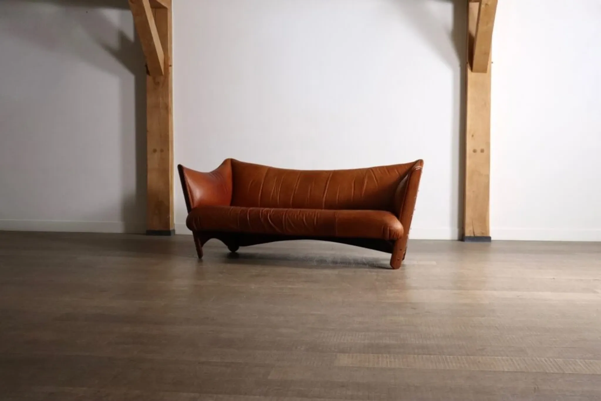 Mid-century sofa in cognac leather and wood by Pacific Green, Australia 1980s