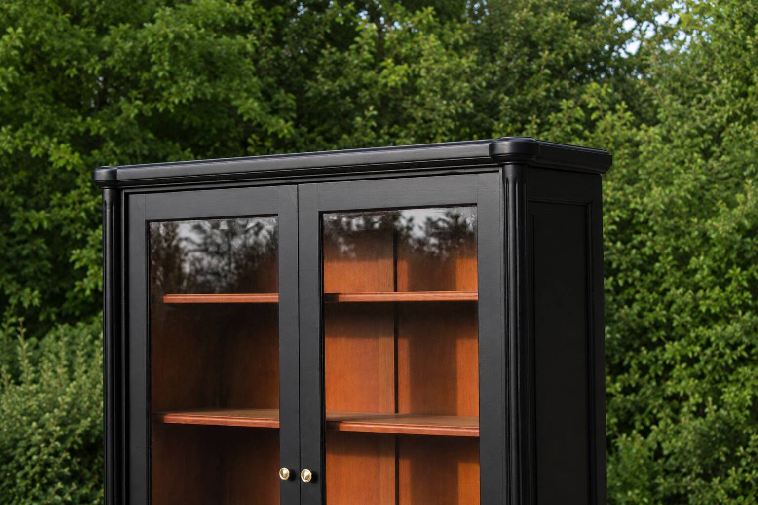 Renovated black antique Louis XVI style display cabinet, glass-fronted bookcase.