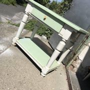 Rustic wooden dining table painted white and pale green, with a central drawer, 1950s.