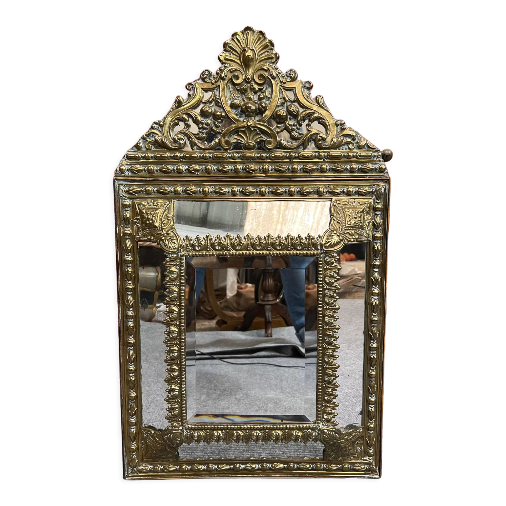 Old repoussé brass pareclose mirror