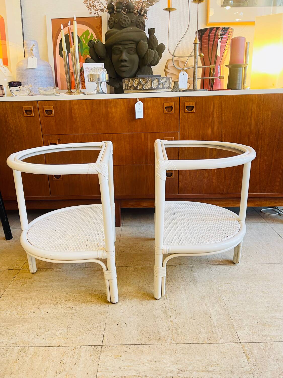 Pair of white rattan bedside tables – 1970s-80s