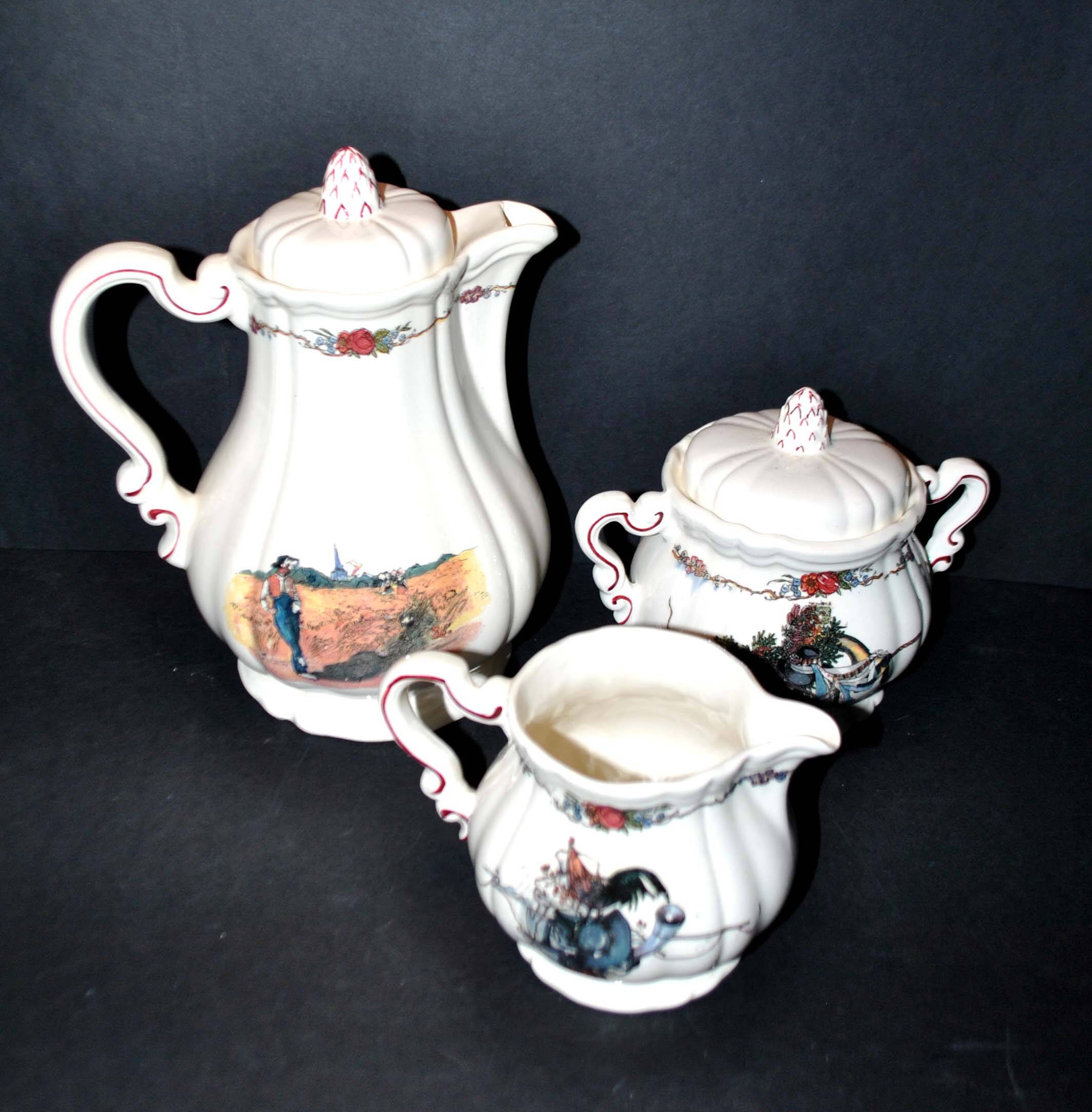 Obernai coffee service in sarreguemines earthenware coffee maker sugar bowl and milk