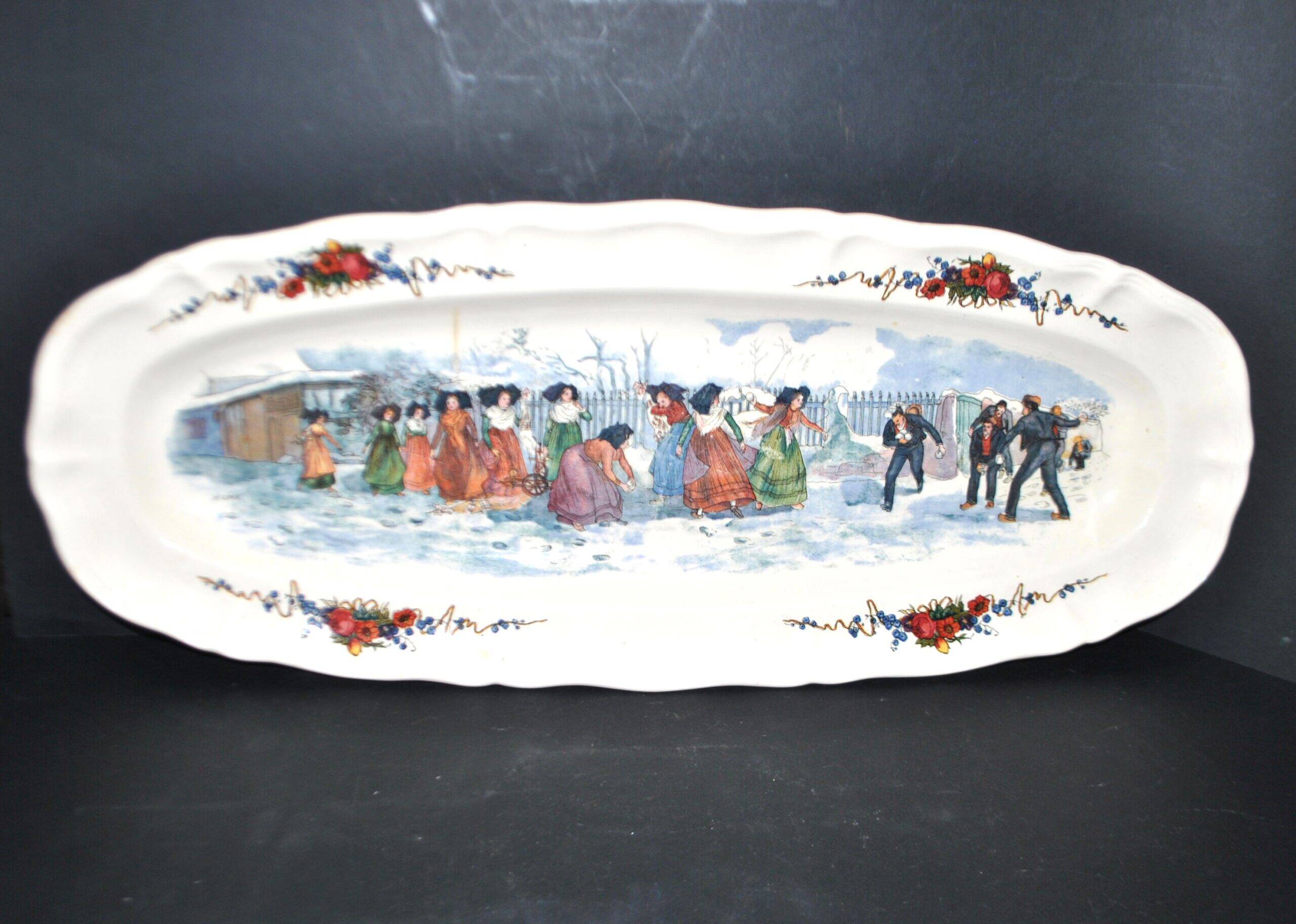 Sarreguemines large oval dish Obernai the snowball fight H. Loux