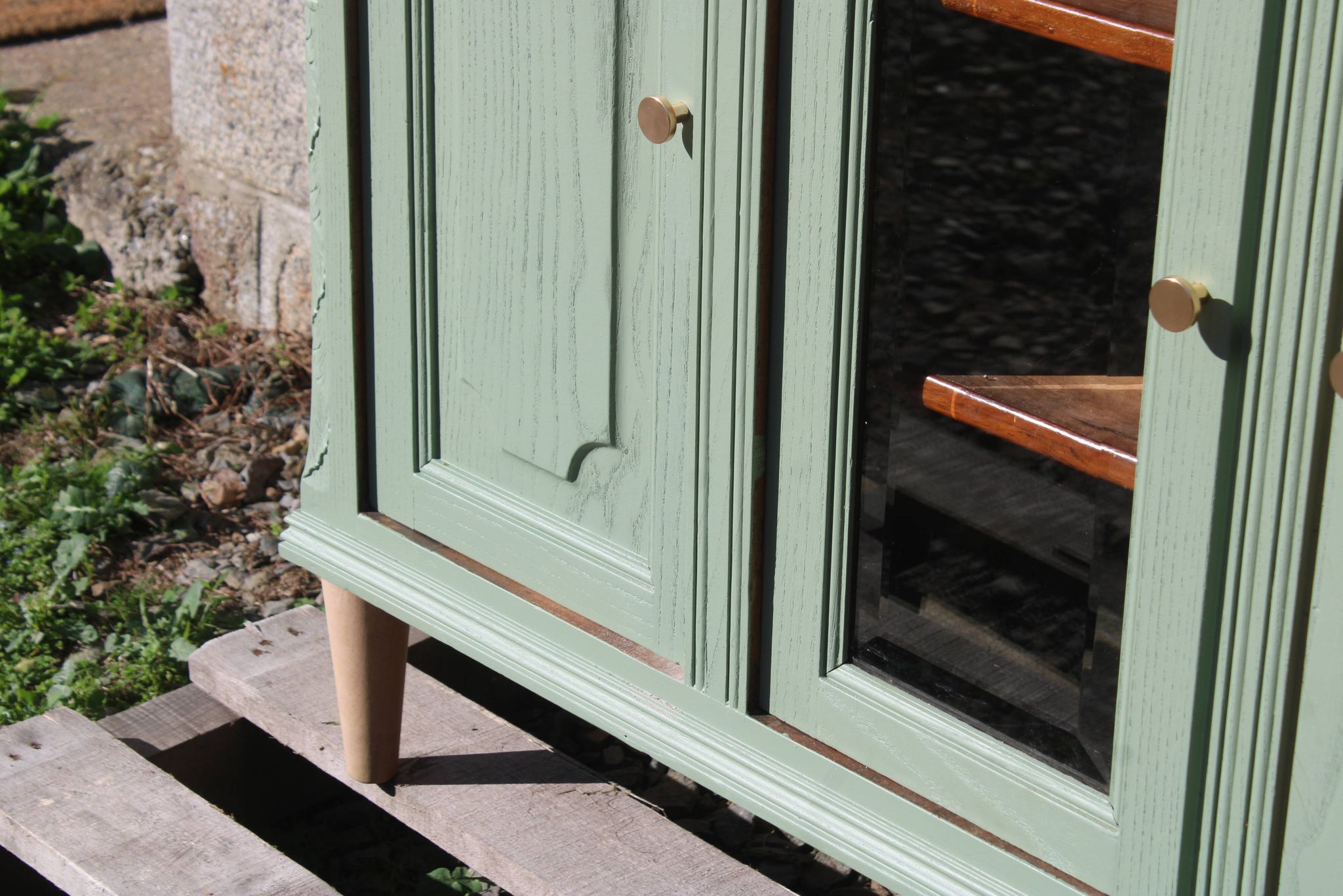 Renovated vintage sage green enfilade – wooden legs & bevelled display cabinets