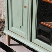 Renovated vintage sage green enfilade – wooden legs & bevelled display cabinets