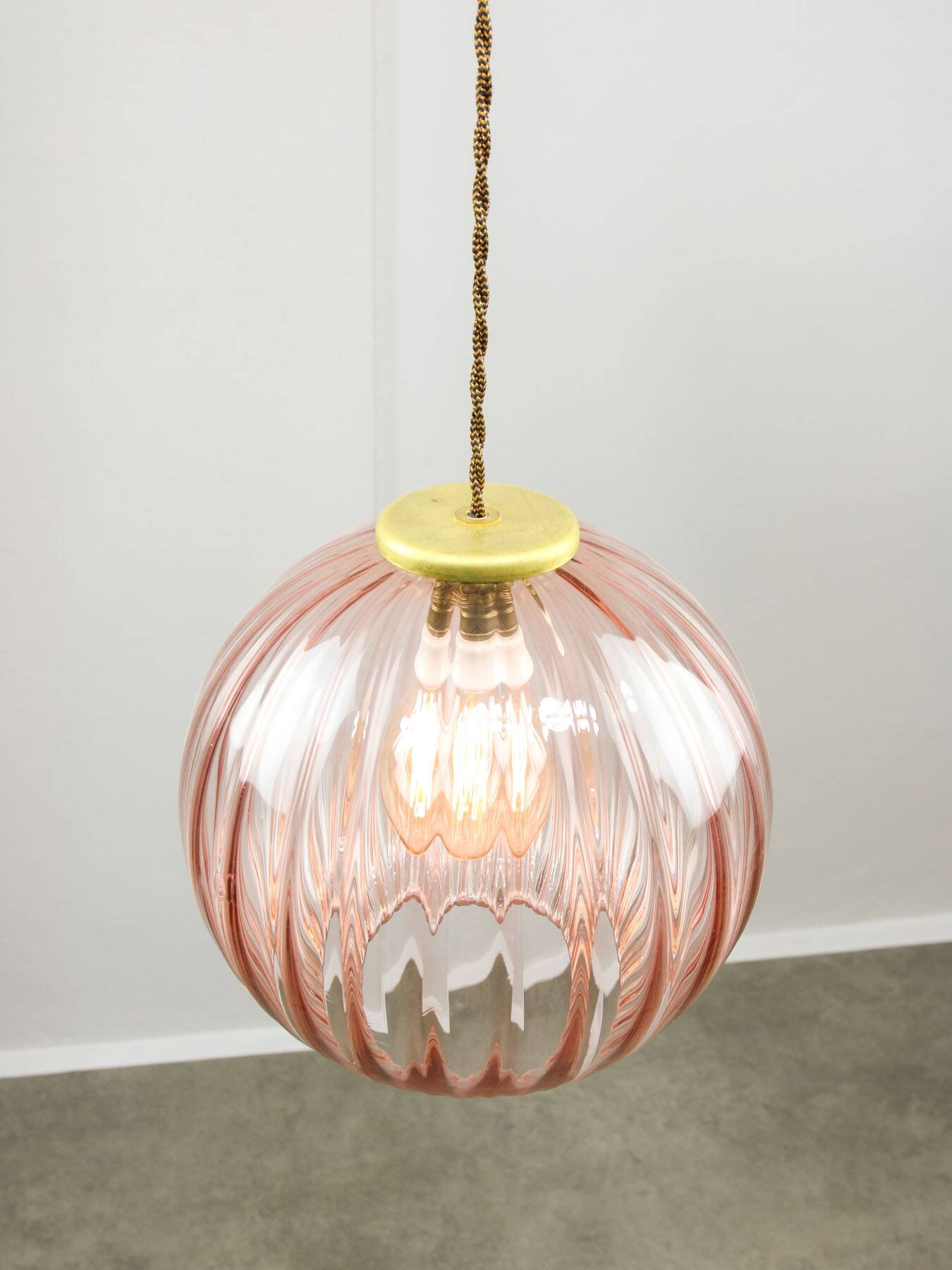 Mid-Century Italian Pink Glass and Brass Pendant Lamp