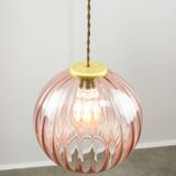 Mid-Century Italian Pink Glass and Brass Pendant Lamp