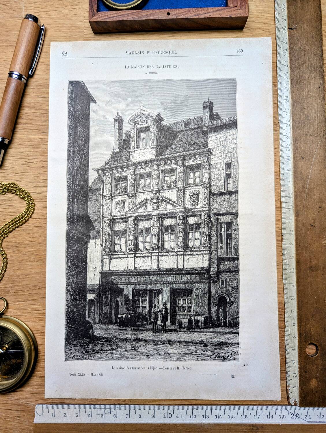 Gravure Vintage Dijon, la maison des Cariatides. 1881