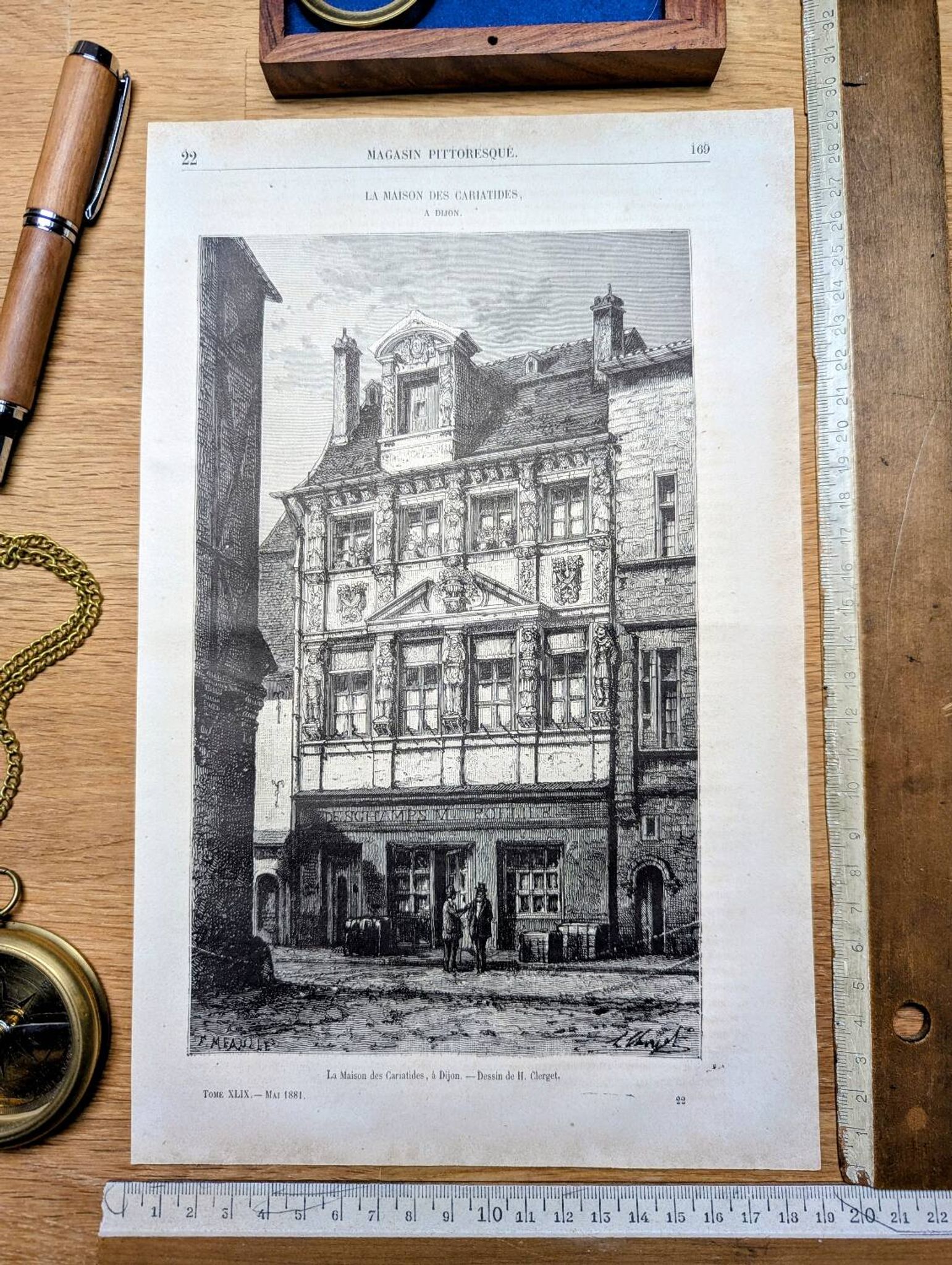 Vintage Engraving Dijon, the House of the Caryatids. 1881