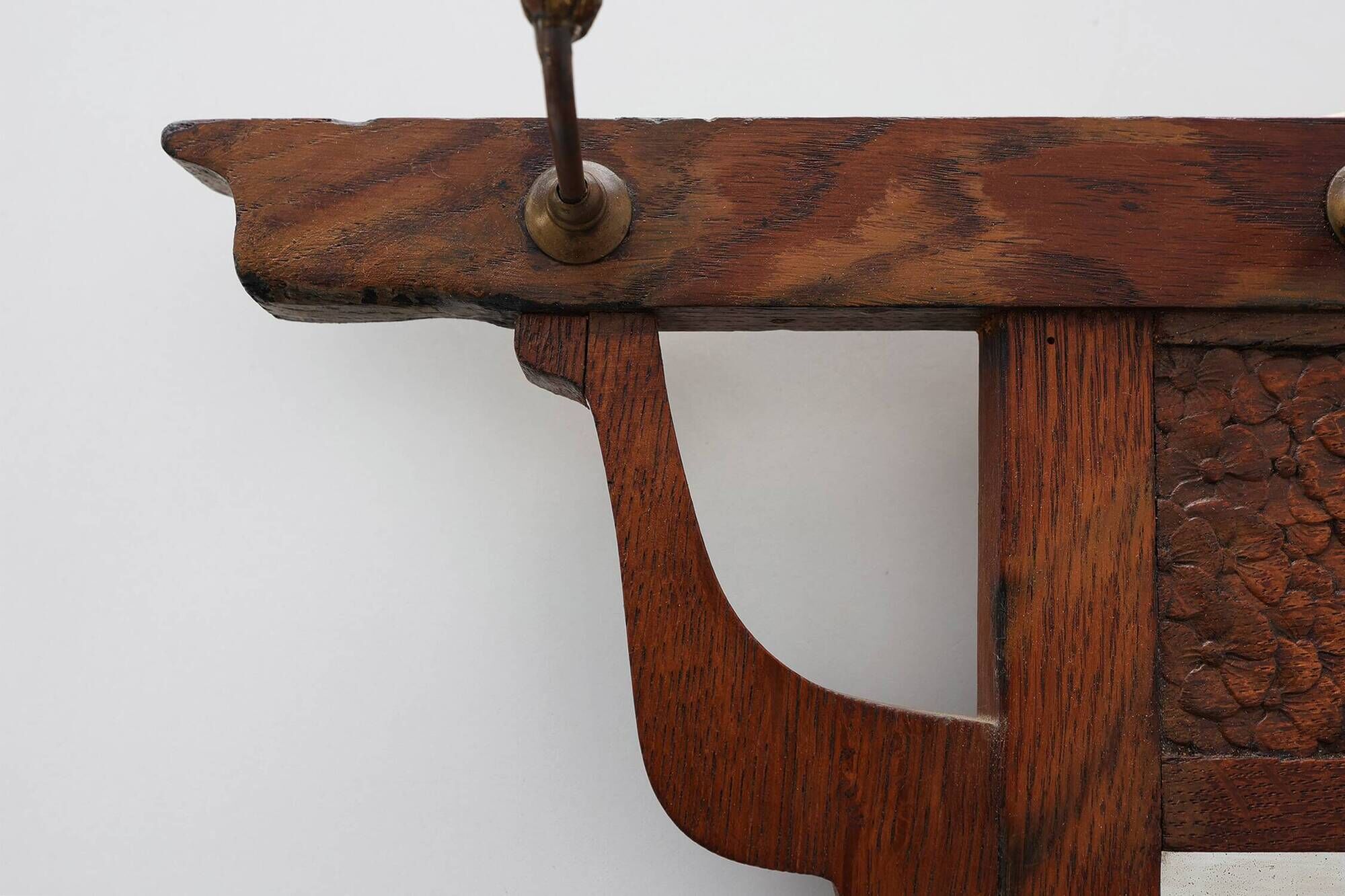 Art Nouveau Oak Coat Rack with Mirror and Floral Carvings, Belgium, circa 1