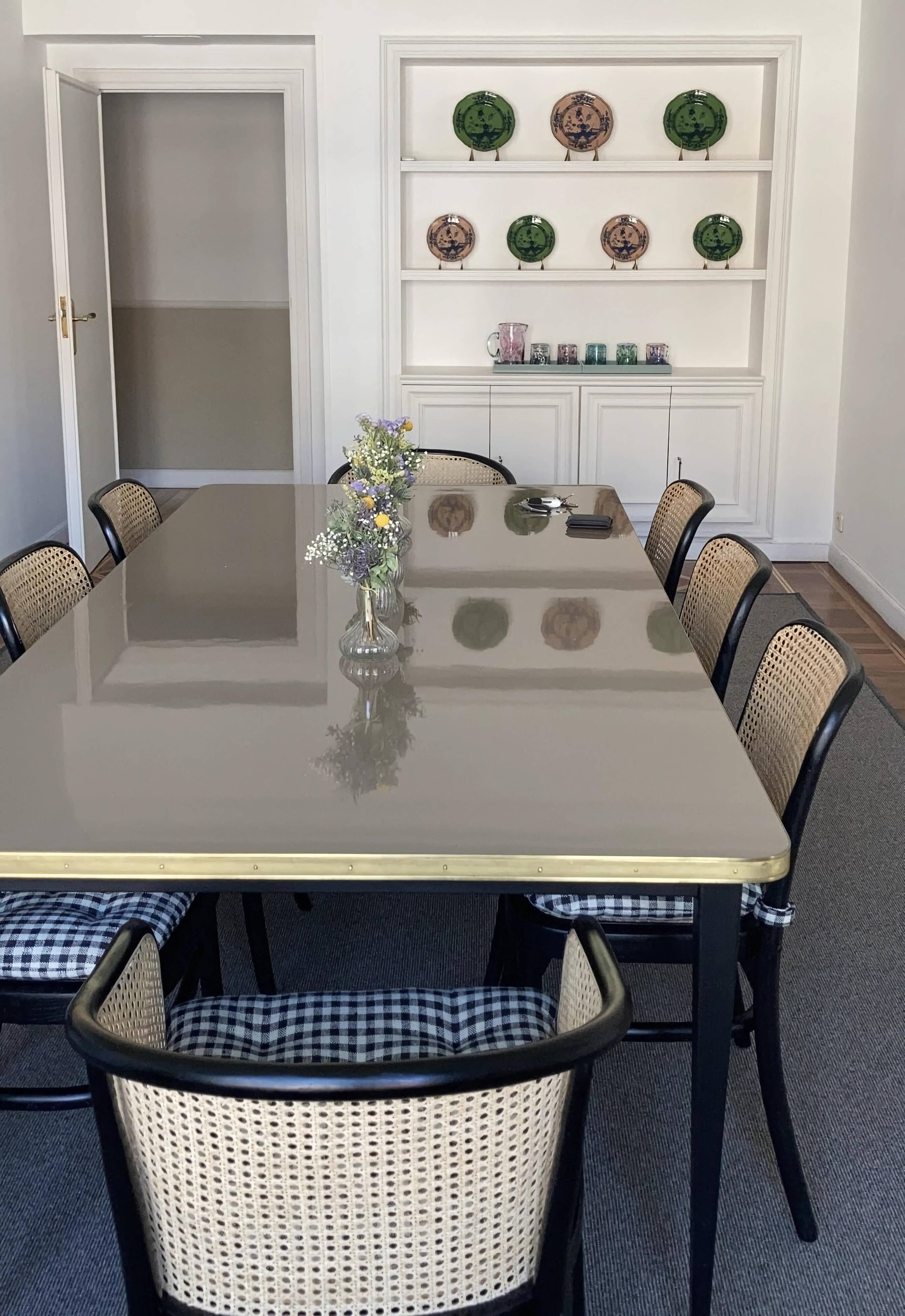Dining Table, High Gloss Laminate, Brass, Tapered Legs, Navy Blue - XL