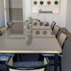 Dining Table, High Gloss Laminate, Brass, Tapered Legs, Navy Blue - XL