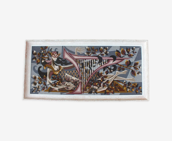 Vintage tapestry, young woman with lyre, framed 70s