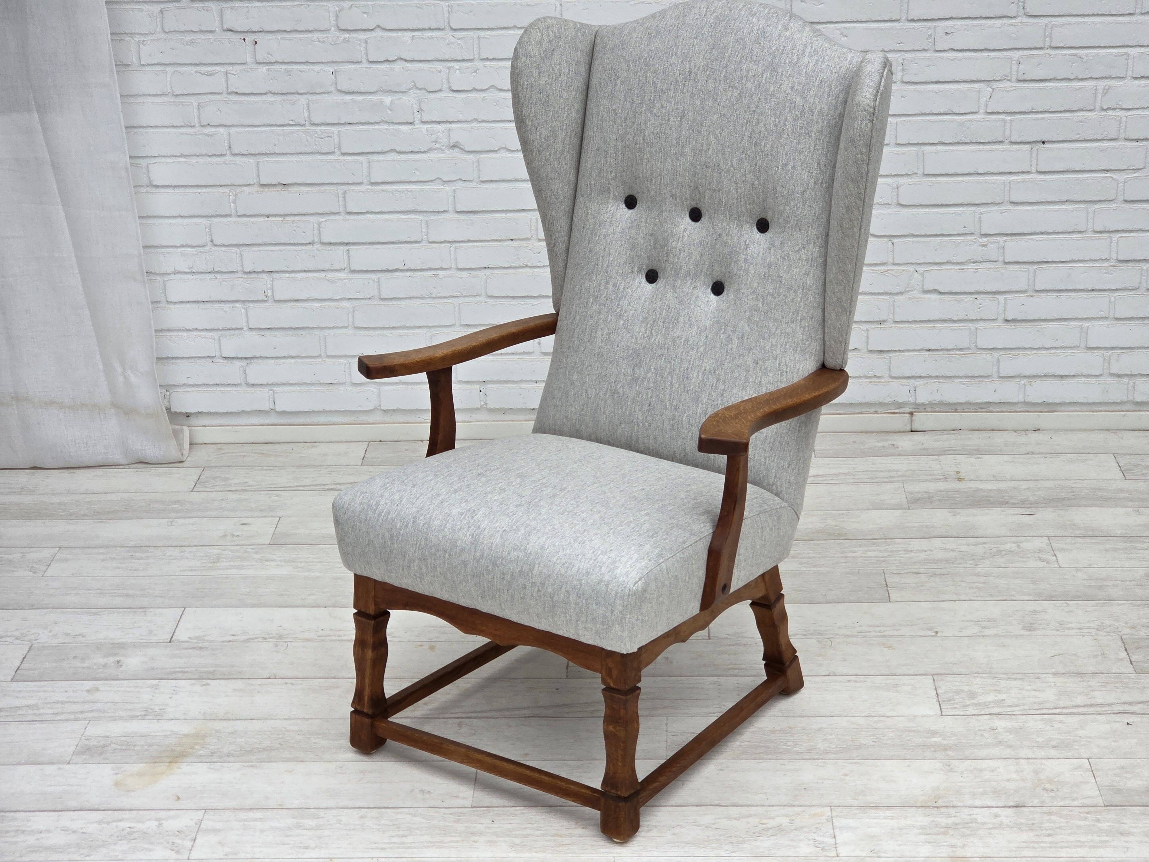 1950s, Danish high-backed armchair, reupholstered, wool, oak wood.