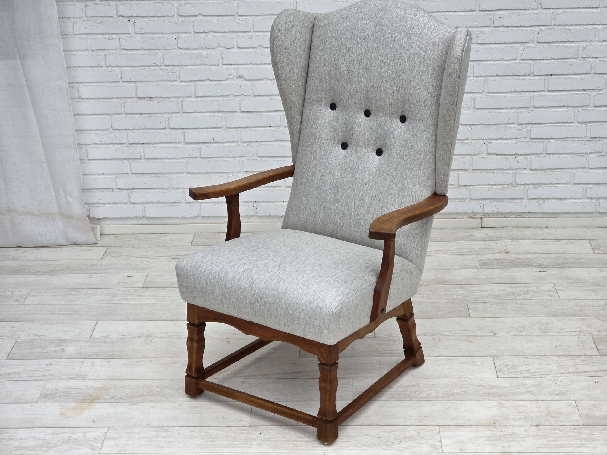 1950s, Danish high-backed armchair, reupholstered, wool, oak wood.