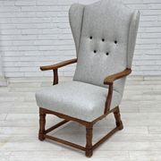 1950s, Danish high-backed armchair, reupholstered, wool, oak wood.