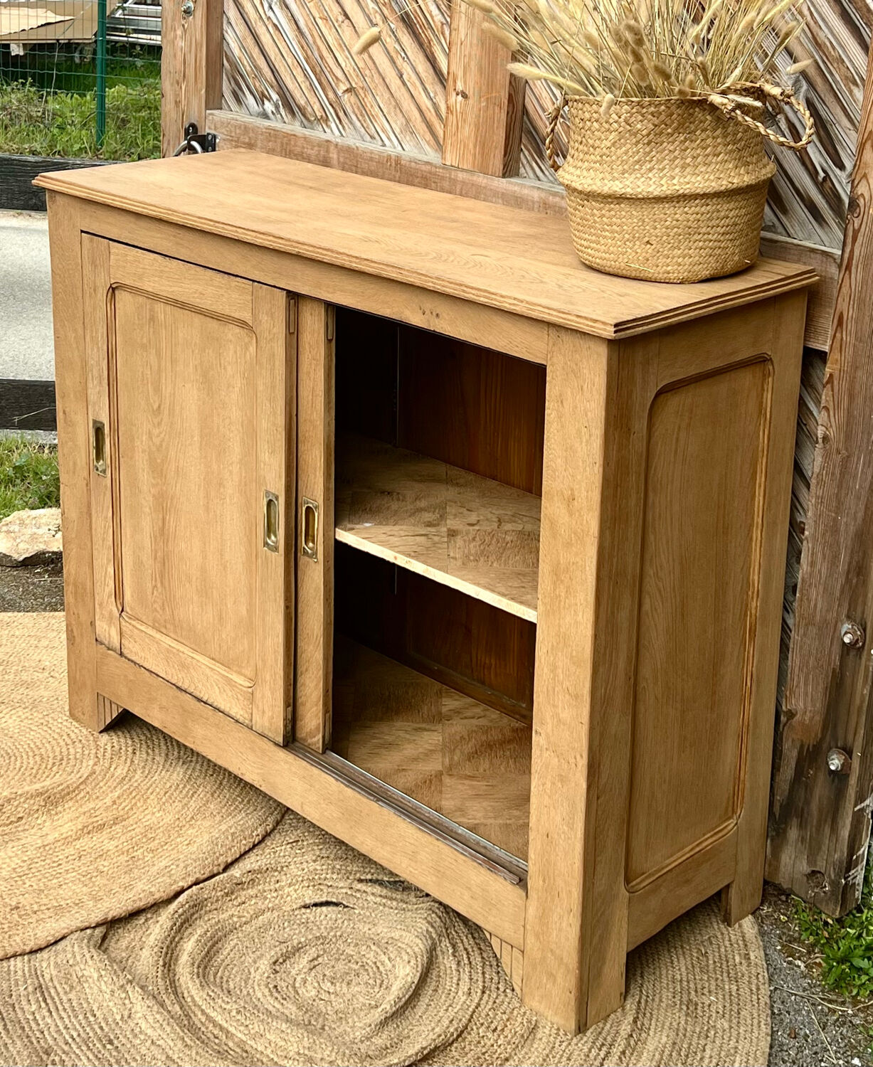 Old Parisian buffet in raw solid oak - sliding doors