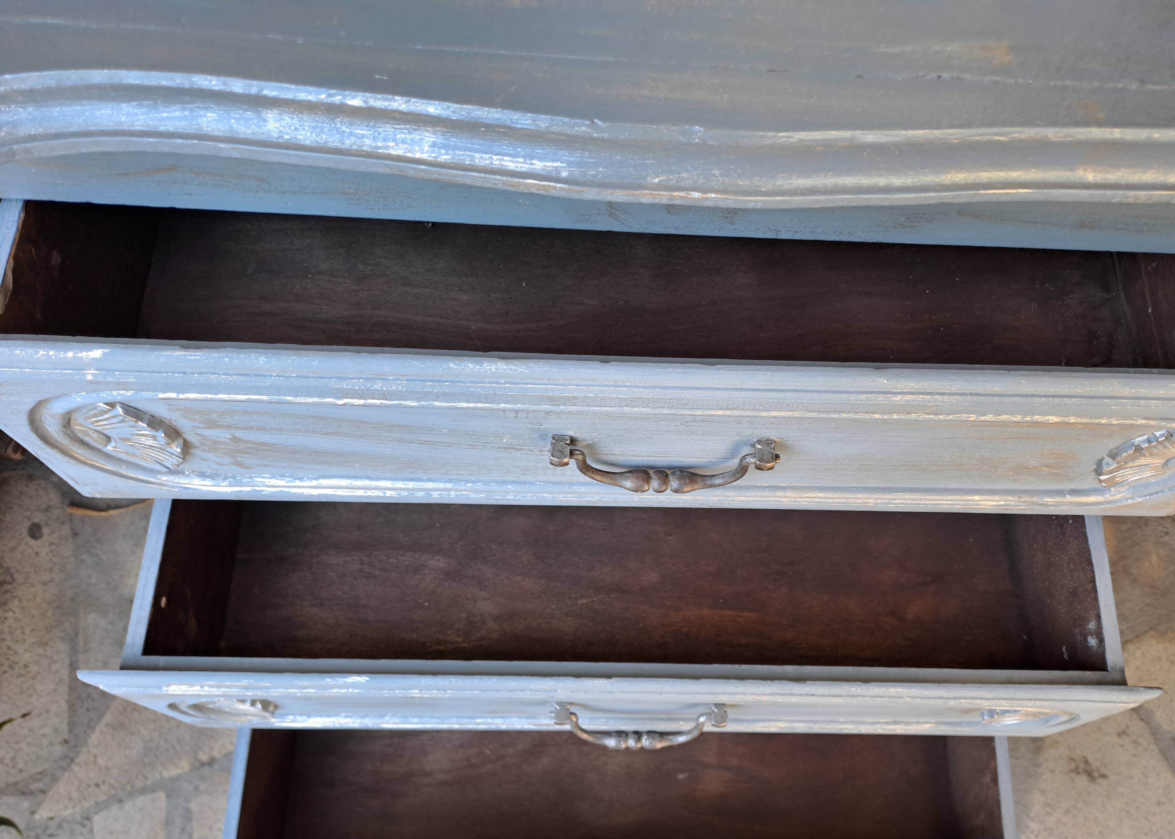 Solid wood chest of drawers painted gray and patinated silver 1940 with 3 drawers