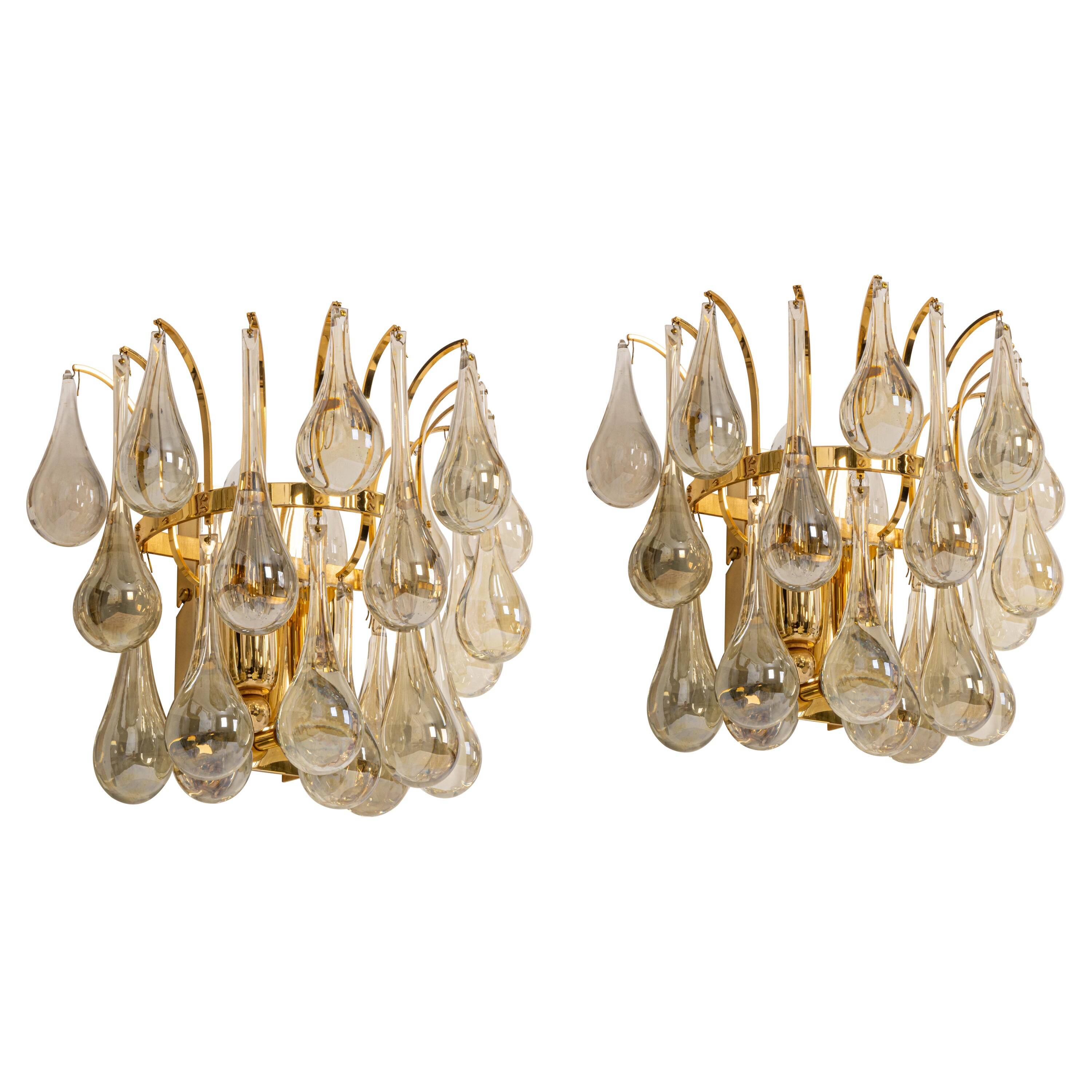 Large Pair of Gilded Brass and Crystal Wall Lights by Palwa, Germany, 1970s