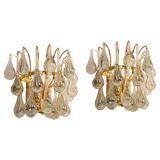 Large Pair of Gilded Brass and Crystal Wall Lights by Palwa, Germany, 1970s