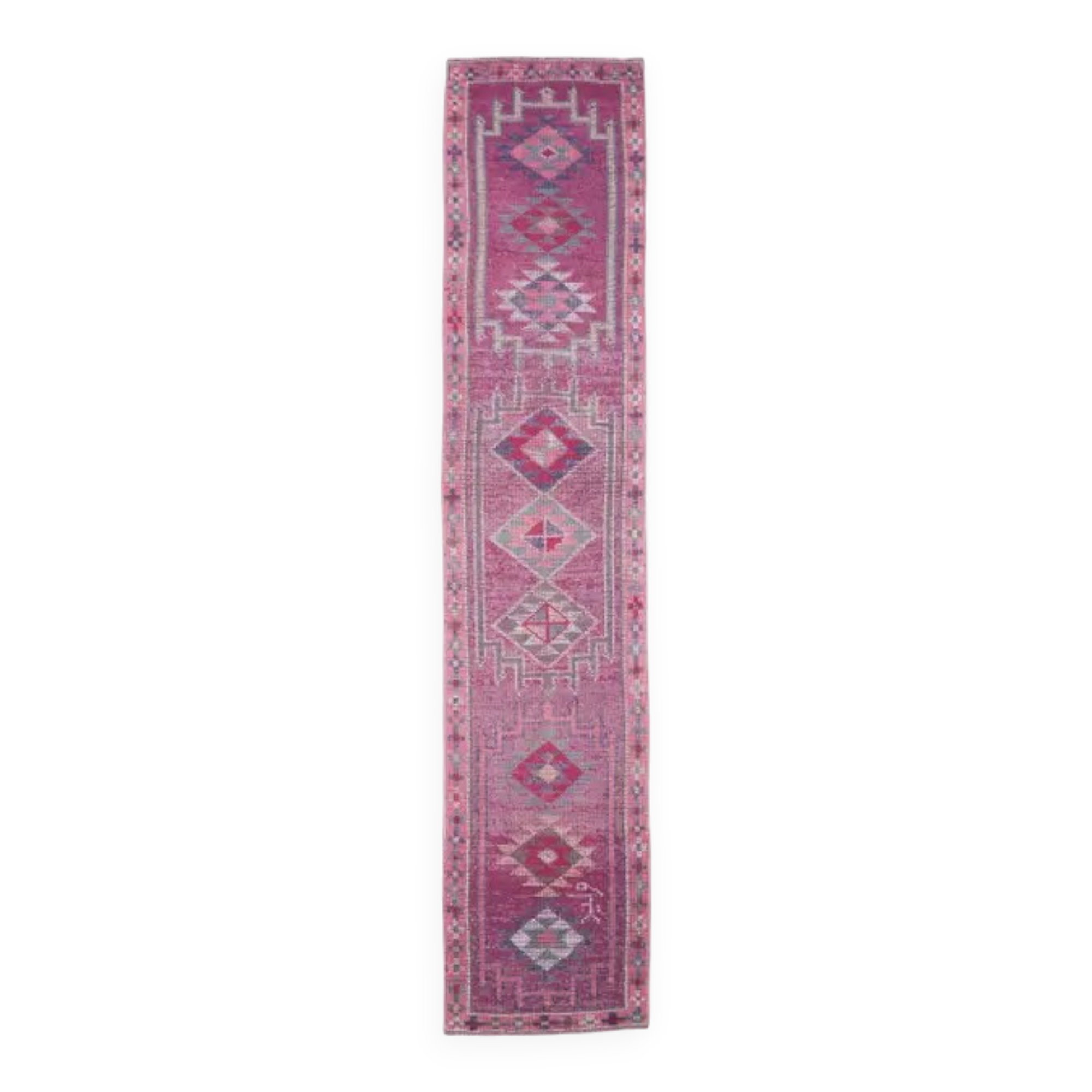 1970s Turkish Handmade Pink Diamond Wool Runner Rug 78x384