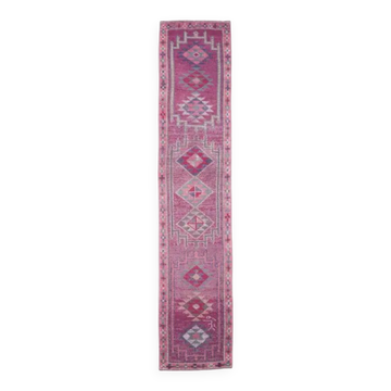 1970s Turkish Handmade Pink Diamond Wool Runner Rug 78x384