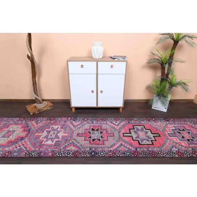 Vintage Turkish Oushak Handmade Wool Cotton Purple Runner 83x345