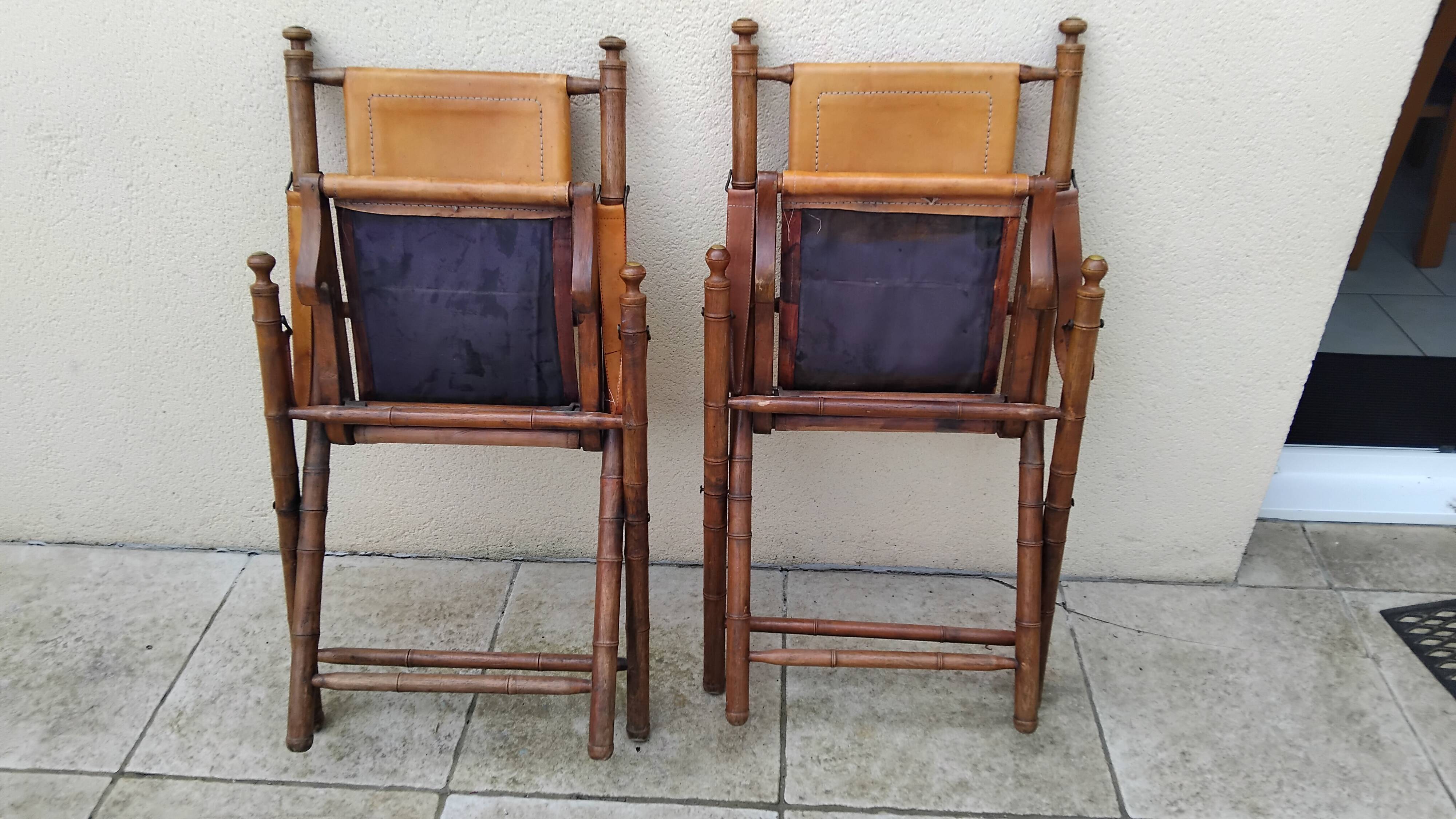 Vintage leather and wood folding chair SAFARI pair