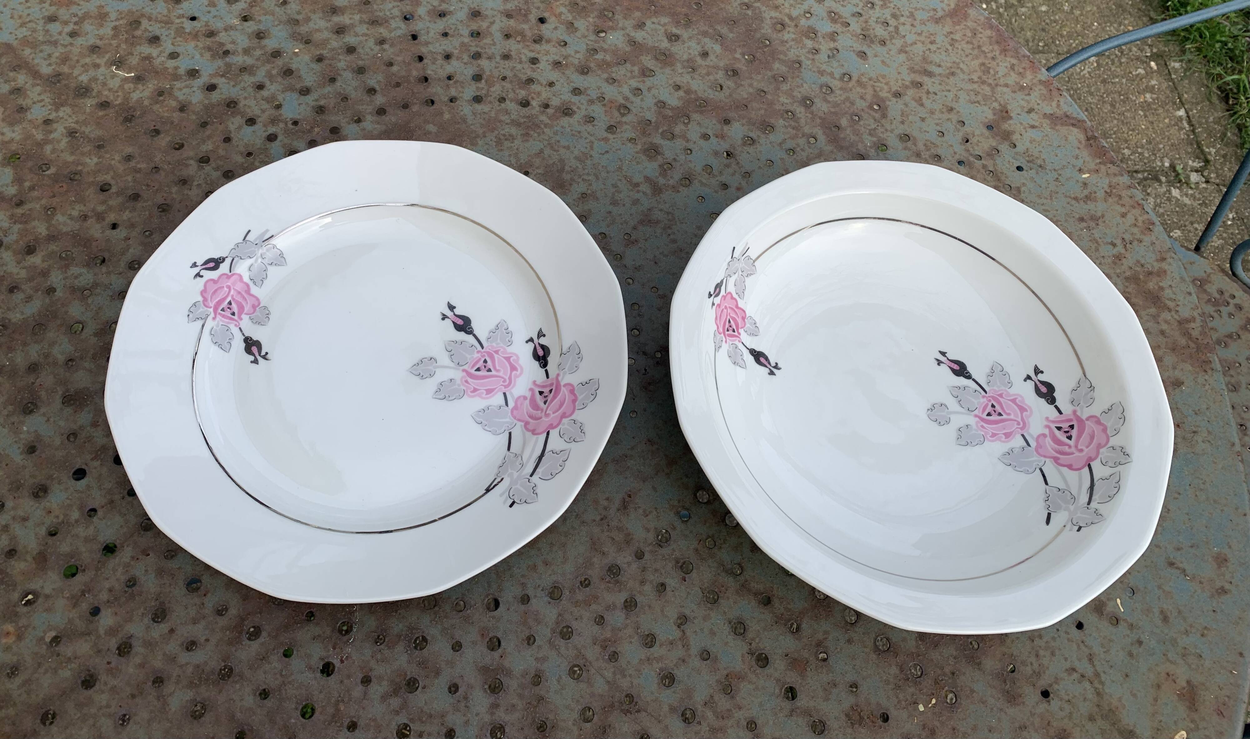 Set of two art deco porcelain dishes, limoges france, BRB, pink flowers