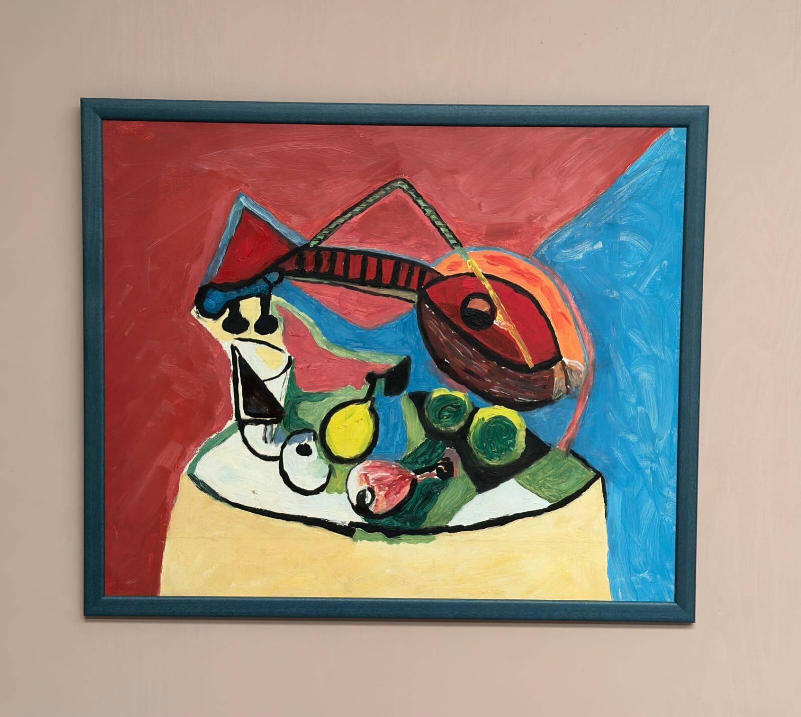 Original Swedish Oil On Panel – “Sitar And Fruit” – Vintage & Framed – 57 × 69 Cm (22.4" × 27.2")