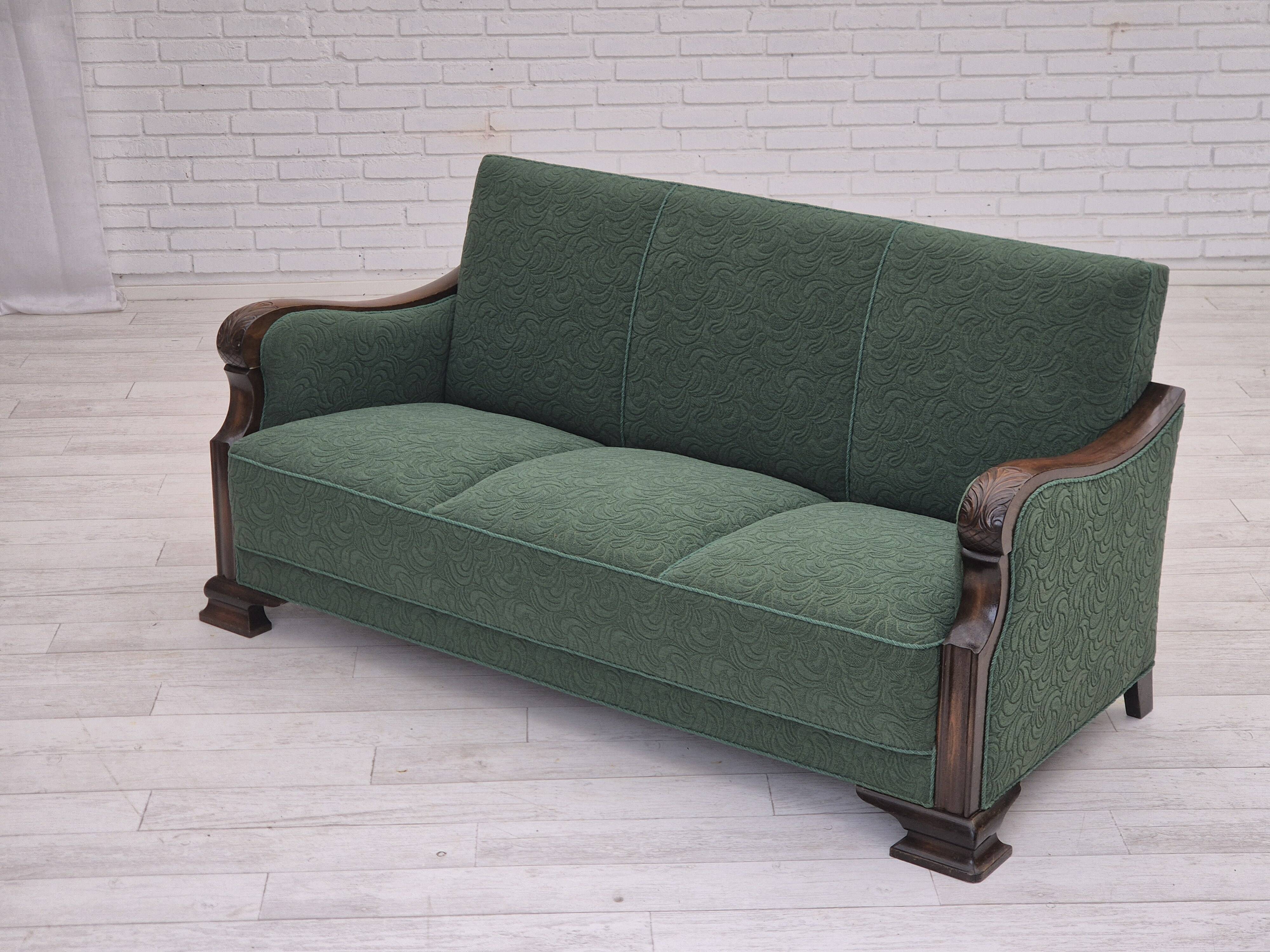 1950s, 3-seater sofa, green furniture blend wool, beech wood.