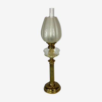 Kerosene lamp of brass with glass shade from around the 1860s