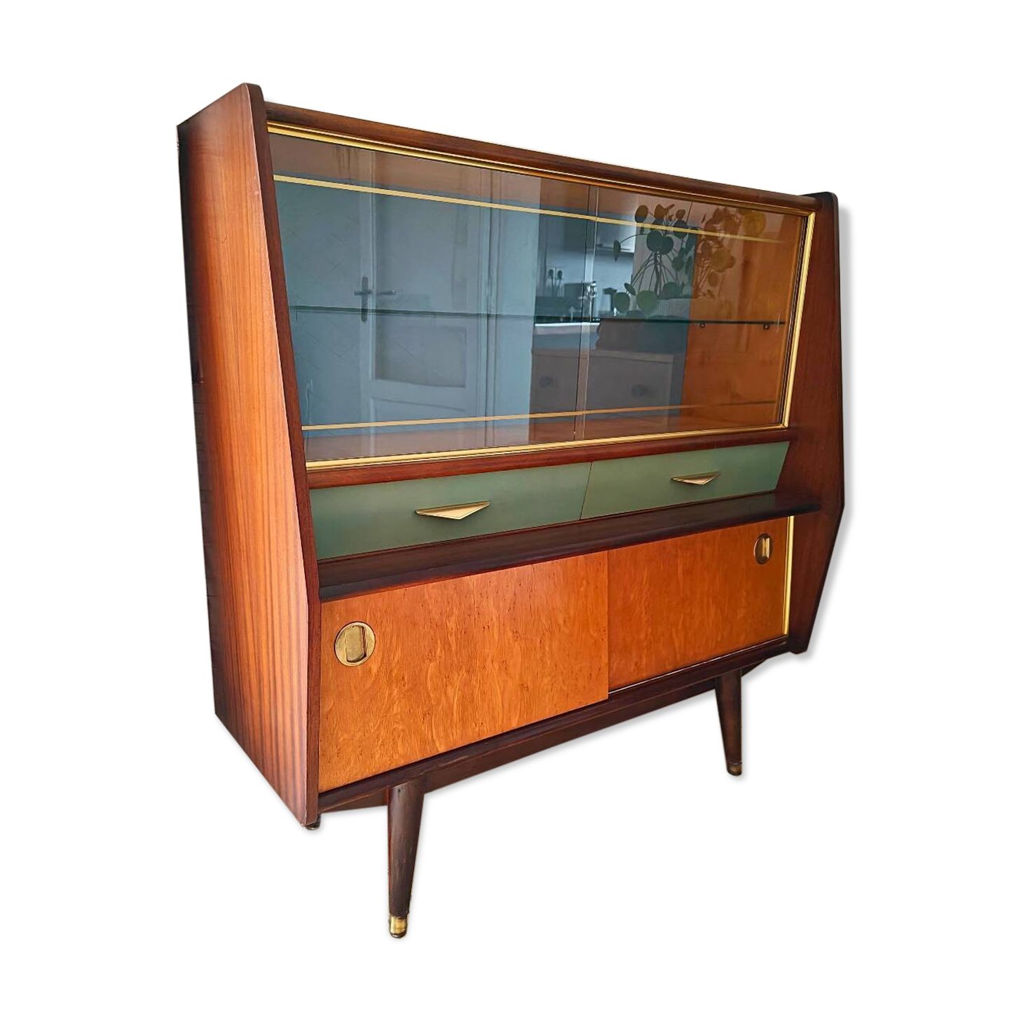 Vitrine en teck et verre des années 1950 avec détails en laiton