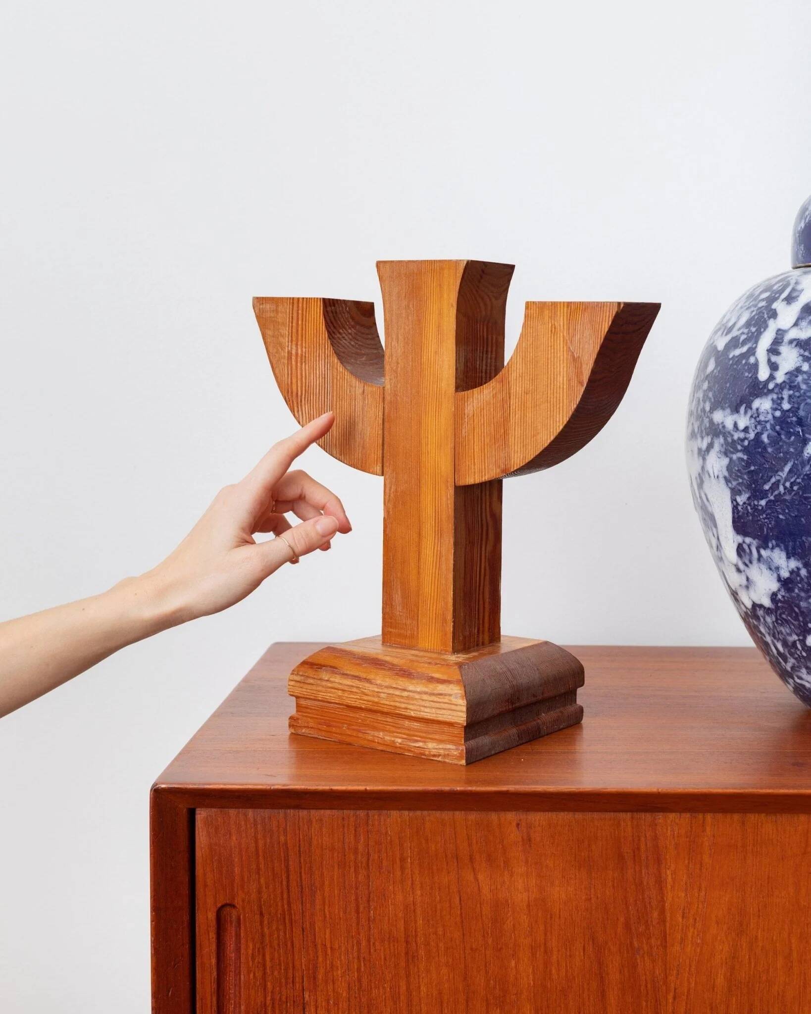 Bois Wood Candle Holder, Solid Wood, Made in Italy, Mid-Century 1950s Three-Arm Silhouette