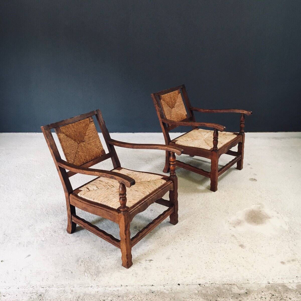 Arts & Crafts Handcrafted Low Lounge Armchairs, Belgium, 1920s, Set of 2