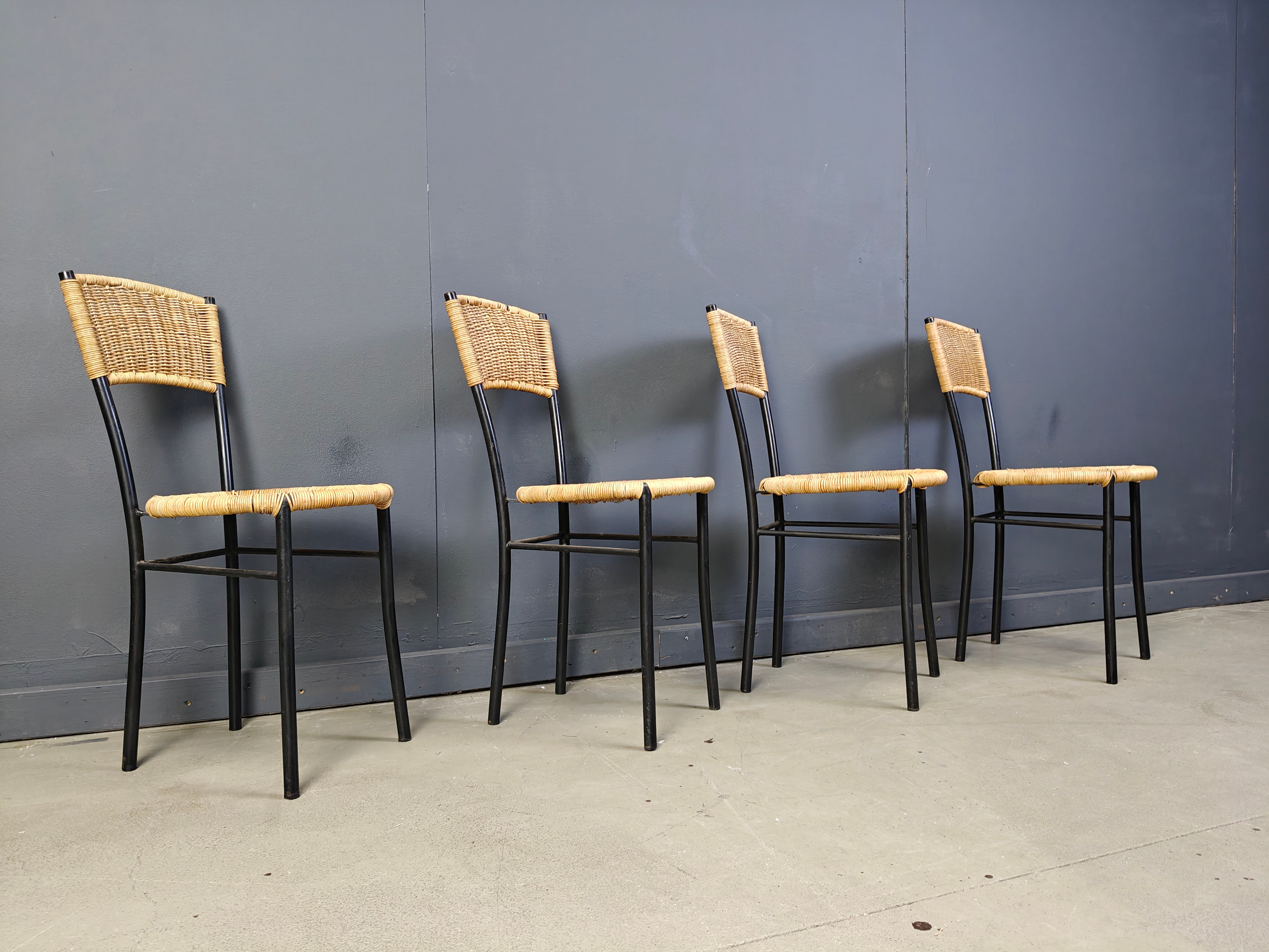 Wicker and metal dining chairs, 1980s - set of 4