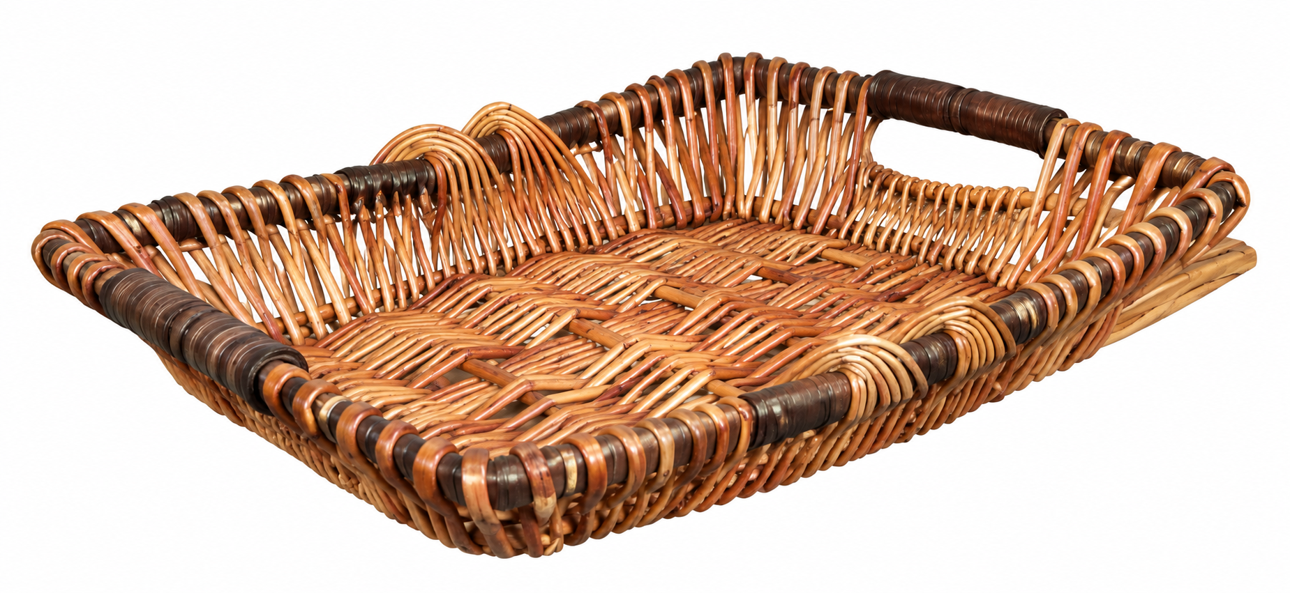 Rectangular wicker basket tray, rope & wood