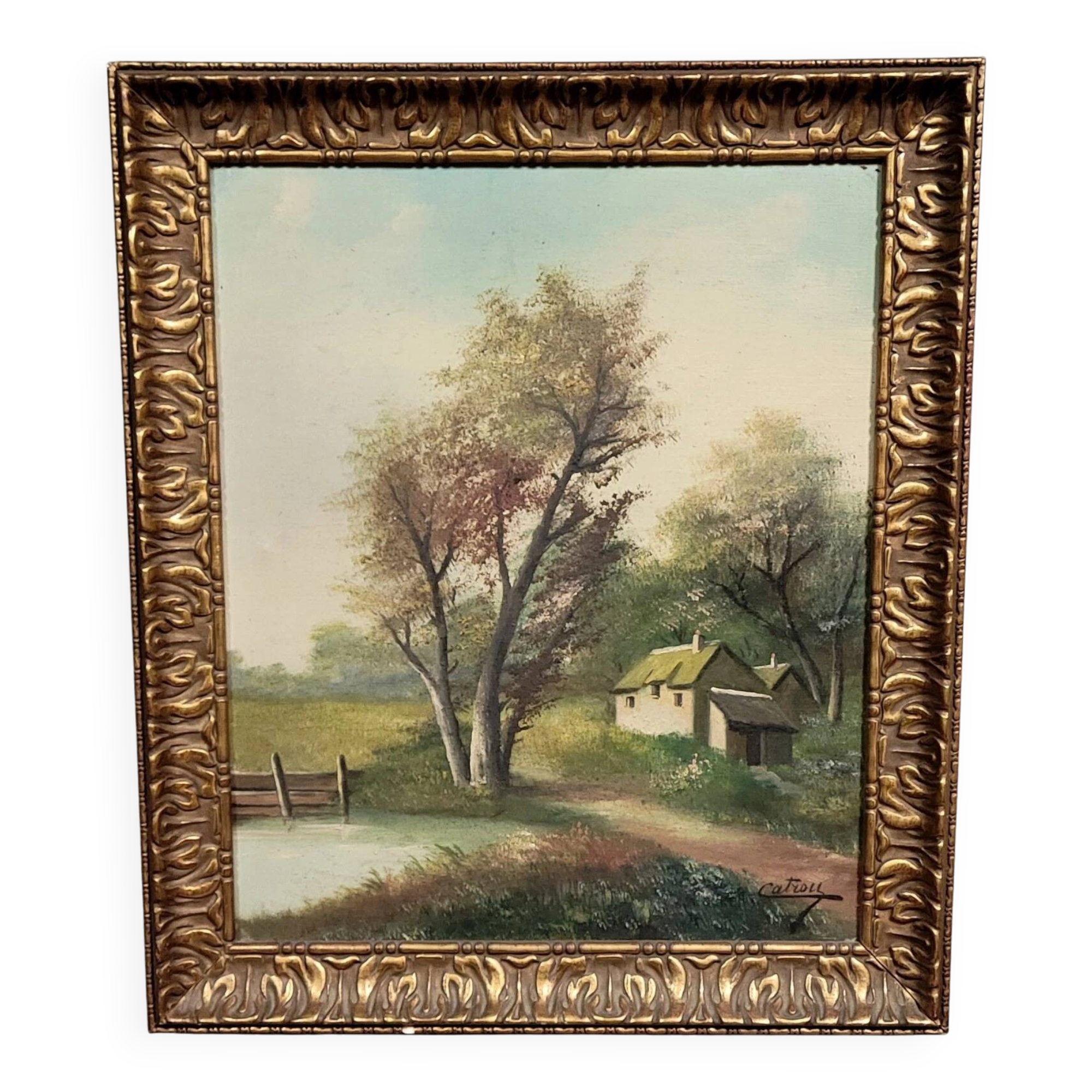 Henri catrou xixeme : huile sur toile paysage lacustre époque napoléon iii