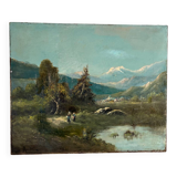 Mountain landscape stroll, oil on canvas signed Rollet.