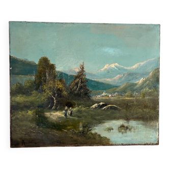 Mountain landscape stroll, oil on canvas signed Rollet.
