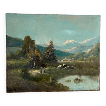 Mountain landscape stroll, oil on canvas signed Rollet.