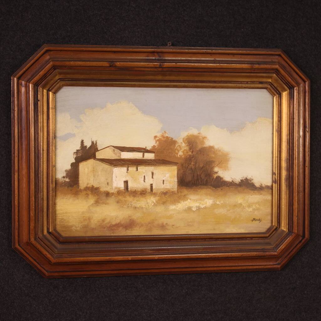 Signed painting landscape with a small house from the 20th century