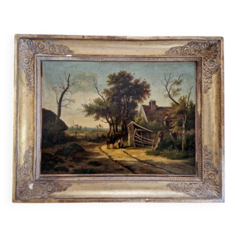 L. Emmanuel Postelle (actif entre 1831 et 1848) - Huile sur toile - Paysage à la ferme - Signée