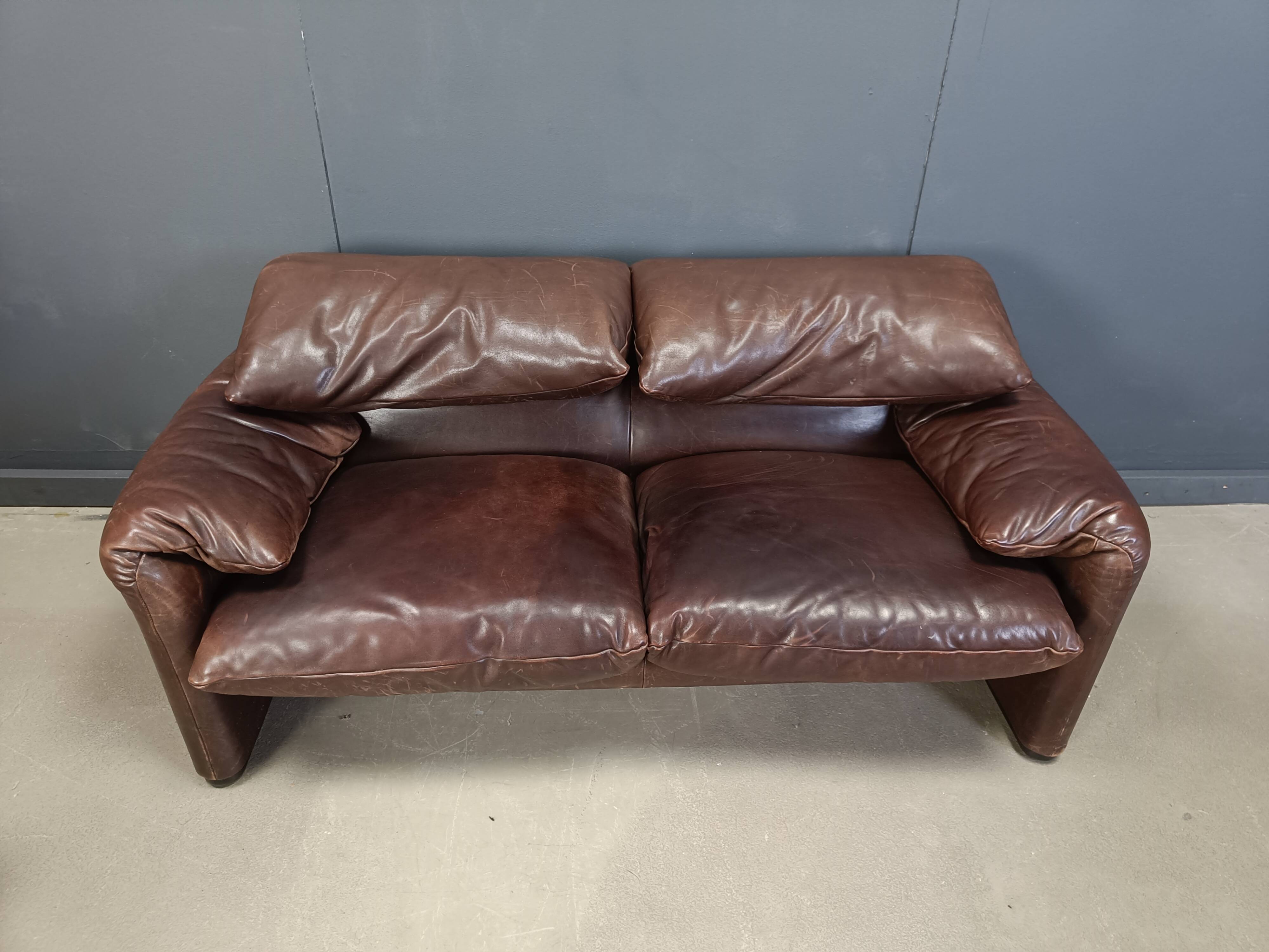 Ensemble de canapés Maralunga en cuir marron vintage, années 1970